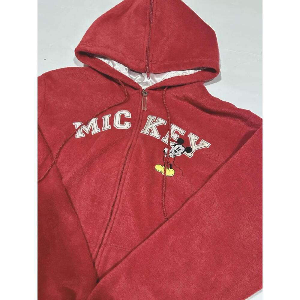 Disney Girl's Mickey Mouse Red Full Zip Hoodie Embroidery Satin Hood Fleece LG - Picture 10 of 15